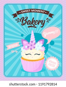 Vector cartoon style poster with sweet cupcake. Muffin isolated on white background. Yummy dessert decorated with unicorn horn and flowers.