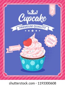 Vector cartoon style poster with sweet cupcake. Muffin isolated on white background. Yummy dessert decorated with sprinkles and red heart.ed with star.