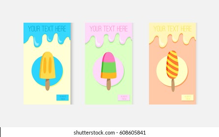 Vector cartoon style posters with ice cream. Template for flyers, banners, invitations, brochure, menu.