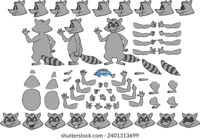 Vector cartoon style raccoon character for animation. Different emotions, gestures and poses. Isolated vector illustration.