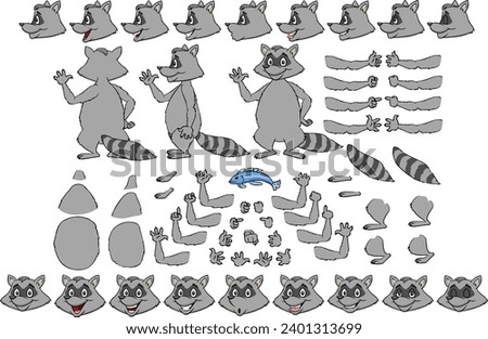 Vector cartoon style raccoon character for animation. Different emotions, gestures and poses. Isolated vector illustration.