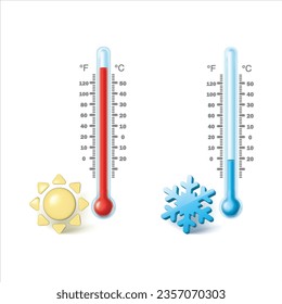 icono vectorial de tipo cartoon realista vectorial. termómetro caliente y frío con sol y copo de nieve