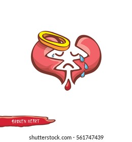 vector cartoon style red broken heart isolated on white background. vector concept icon of  divorce, depression, bad mood,  heart disease or unrecognized teen love.