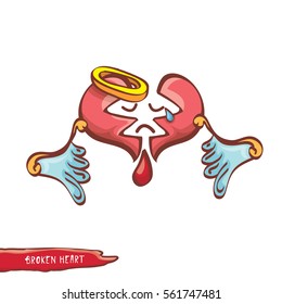 vector cartoon style red broken heart with wings isolated on white background. vector concept icon of  divorce, depression, bad mood,  heart disease or unrecognized teen love.
