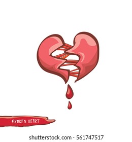 vector cartoon style red broken heart isolated on white background. vector concept icon of  divorce, depression, bad mood,  heart disease or unrecognized teen love.