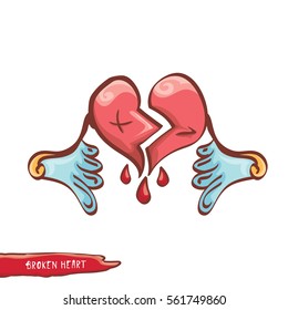 vector cartoon style red broken heart with wings isolated on white background. vector concept icon of  divorce, depression, bad mood,  heart disease or unrecognized teen love.