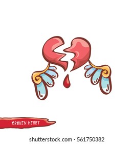vector cartoon style red broken heart isolated on white background. vector concept icon of  divorce, depression, bad mood,  heart disease or unrecognized teen love.
