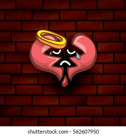 vector cartoon style red broken heart isolated on red brick grunge wall background. vector concept icon of  divorce, depression, bad mood,  heart disease or unrecognized teen love.
