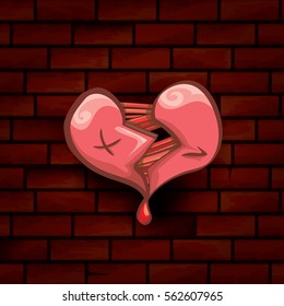 vector cartoon style red broken heart isolated on red brick grunge wall background. vector concept icon of  divorce, depression, bad mood,  heart disease or unrecognized teen love.