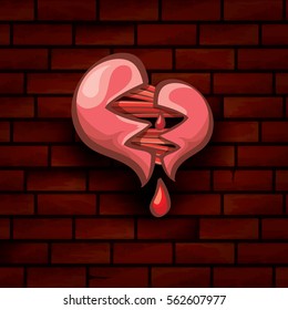 vector cartoon style red broken heart isolated on red brick grunge wall background. vector concept icon of  divorce, depression, bad mood,  heart disease or unrecognized teen love.