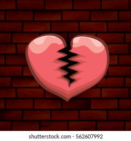 vector cartoon style red broken heart isolated on red brick grunge wall background. vector concept icon of  divorce, depression, bad mood,  heart disease or unrecognized teen love.