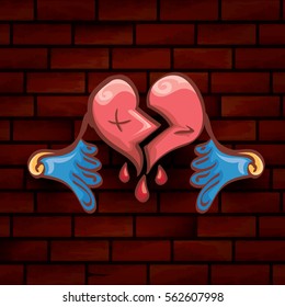 vector cartoon style red broken heart isolated on red brick grunge wall background. vector concept icon of  divorce, depression, bad mood,  heart disease or unrecognized teen love.