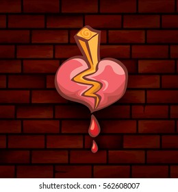 vector cartoon style red broken heart isolated on red brick grunge wall background. vector concept icon of  divorce, depression, bad mood,  heart disease or unrecognized teen love.