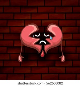 vector cartoon style red broken heart isolated on red brick grunge wall background. vector concept icon of  divorce, depression, bad mood,  heart disease or unrecognized teen love.