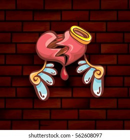 vector cartoon style red broken heart isolated on red brick grunge wall background. vector concept icon of  divorce, depression, bad mood,  heart disease or unrecognized teen love.