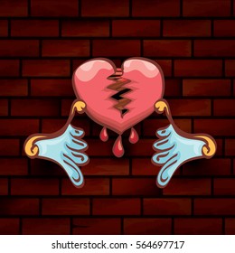vector cartoon style red broken heart isolated on red brick grunge wall background. vector concept icon of divorce, depression, bad mood, heart disease or unrecognized teen love.
