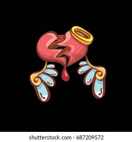 vector cartoon style red broken heart isolated on black background. vector concept icon of divorce, depression, bad mood, heart disease or unrecognized teen love.