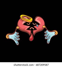 vector cartoon style red broken heart isolated on black background. vector concept icon of divorce, depression, bad mood, heart disease or unrecognized teen love.