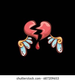 vector cartoon style red broken heart isolated on black background. vector concept icon of divorce, depression, bad mood, heart disease or unrecognized teen love.
