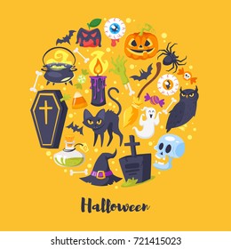 Vector cartoon style round composition of Halloween symbols. 