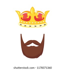 Vector cartoon style royal crown and beard face element or carnival mask. Decoration item for your selfie photo and video chat filter. Isolated on white background. 