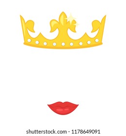 Vector cartoon style royal crown face and lips element or carnival mask. Decoration item for your selfie photo and video chat filter. Isolated on white background. 
