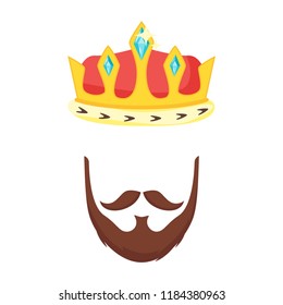 Vector cartoon style royal crown and beard face element or carnival mask. Decoration item for your selfie photo and video chat filter. Isolated on white background. 