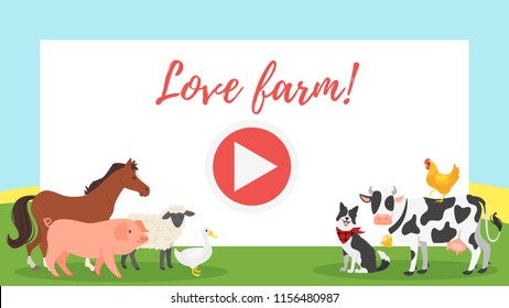 Vector cartoon style rural video and photo frame background or photo both for editing. Farm animals layout. Horizontal composition.