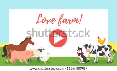 Vector cartoon style rural video and photo frame background or photo both for editing. Farm animals layout. Horizontal composition.