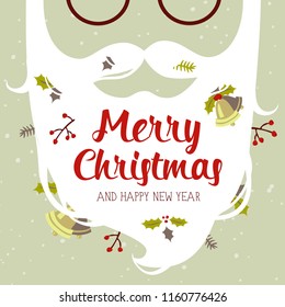 vector cartoon style santa beard Merry Christmas and Happy New Year greeting card on a beige background