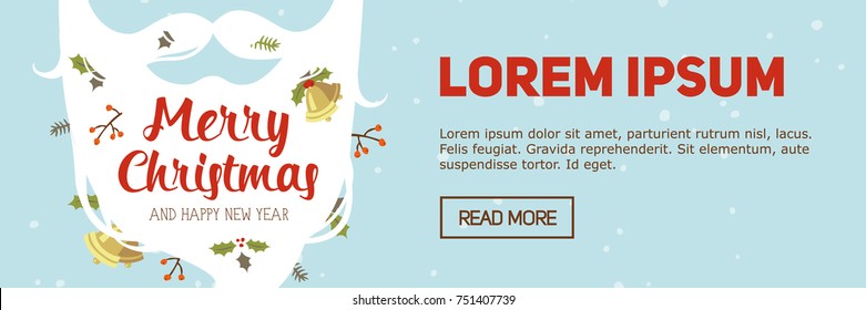 vector cartoon style santa beard Merry Christmas and Happy New Year banner