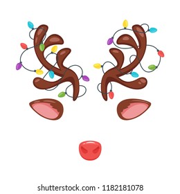 Vector cartoon style Santa Claus's reindeer face element or carnival mask. New year and Christmas decoration item for your selfie photo and video chat filter. Isolated on white background. 