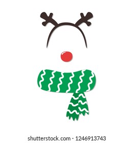 Vector cartoon style Santa Claus's reindeer face element or carnival mask. New year and Christmas decoration item for your selfie photo and video chat filter. Vector illustration.