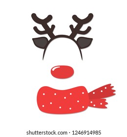 Vector cartoon style Santa Claus's reindeer face element or carnival mask. New year and Christmas decoration item for your selfie photo and video chat filter. Vector illustration.