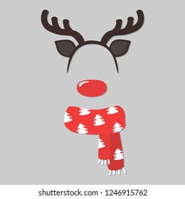 Vector cartoon style Santa Claus's reindeer face element or carnival mask. New year and Christmas decoration item for your selfie photo and video chat filter. Vector illustration.
