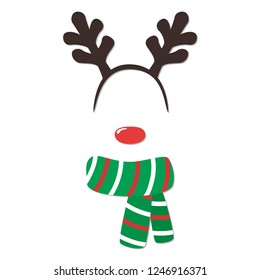 Vector cartoon style Santa Claus's reindeer face element or carnival mask. New year and Christmas decoration item for your selfie photo and video chat filter. Vector illustration.