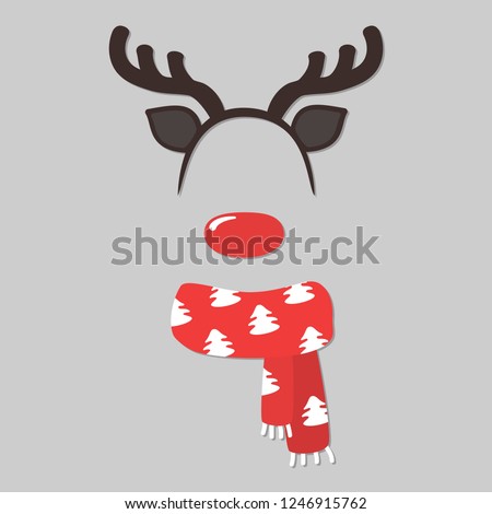 Vector cartoon style Santa Claus's reindeer face element or carnival mask. New year and Christmas decoration item for your selfie photo and video chat filter. Vector illustration.