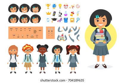 Vector cartoon style school girl character generator. Different emotions, mouth positions and hand gestures. School icons. Isolated on white background.