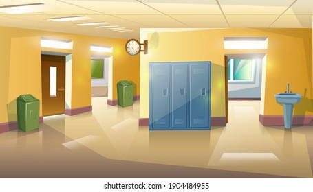 Vector Cartoon Style School Hall With Doors And Classes, Rubbish And Sink.