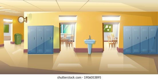 Vector Cartoon Style School Hallway With Open Doors Of Classes With Study Tables And Chairs. 