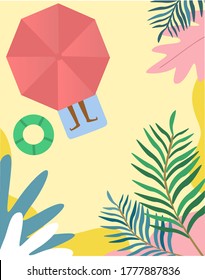Vector cartoon style sea shore background. Nice sunny day beach umbrella on the sandy coast and man having a rest.