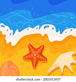 Vector cartoon style sea shore background with colorful seashells. Nice sunny day.