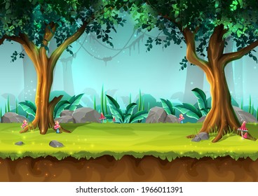 Vector cartoon style seamless mystery rain forest with trees and mushrooms, illustration for game design, app, websites.