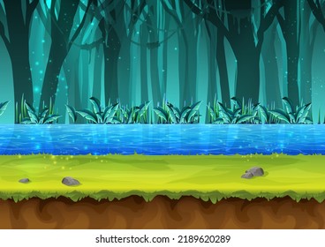 Vector cartoon style seamless mystery rain forest illustration for game design, app, websites.