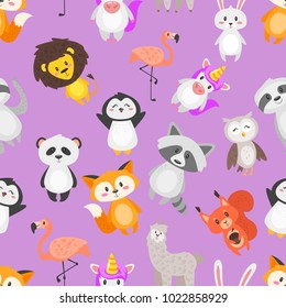 Vector cartoon style seamless pattern with cute animals on purple background.