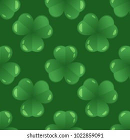 Vector cartoon style seamless pattern with shamrock on green background. St. Patrick's day ornament.