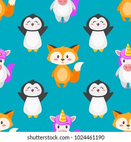 Vector cartoon style seamless pattern with cute animals on blue background.