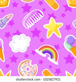 Vector cartoon style seamless pattern with lipstick, stars, tasty doughnut on purple background.