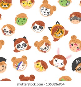 Vector cartoon style seamless pattern with kid painted faces boy and girl.