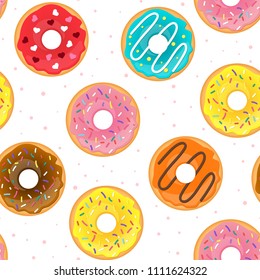Vector cartoon style seamless pattern with tasty doughnuts. White background.